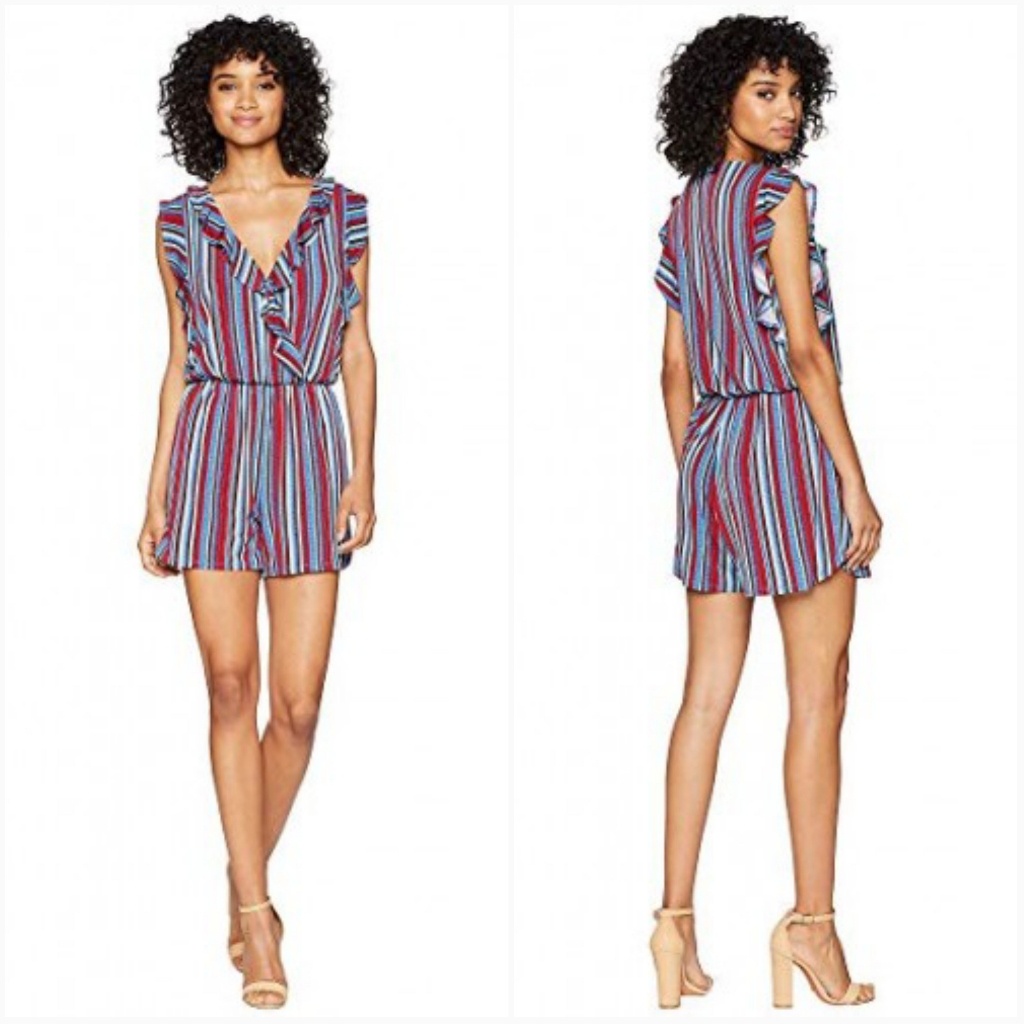 Bcbgmaxazria Striped Ruffle Boho V-Neck Romper Red Blue Size Xs